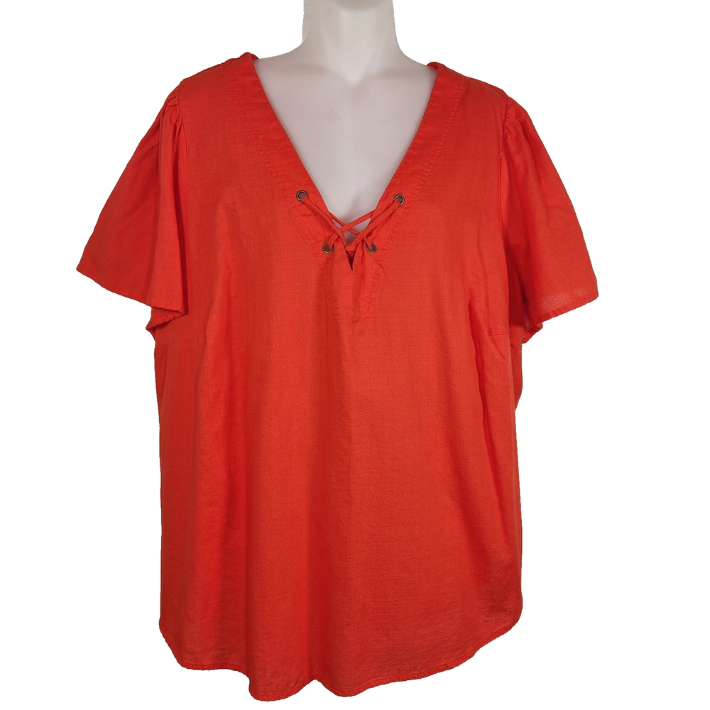 Knox Rose Womens Top XXL Orange V Neck Lace Up Flutter Short Sleeve Boho Casual